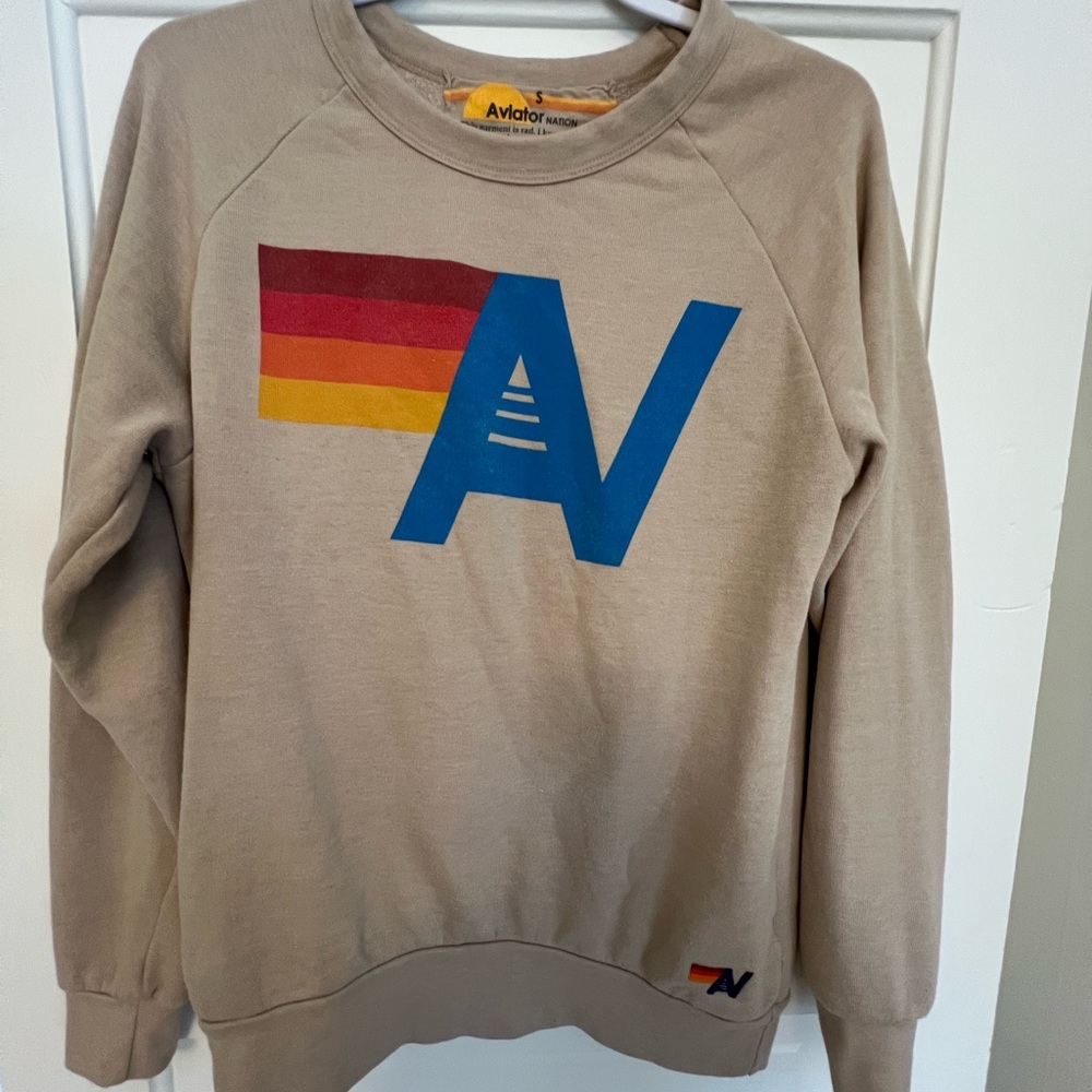 Aviator Nation Beige Crewneck with Blue and Red-Yellow Gradient